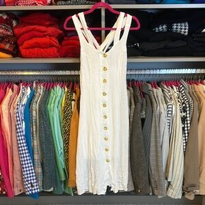 Rowa white 100% rayon criss cross back button down lined midi dress size S